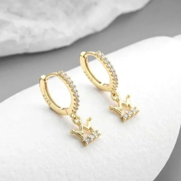 925 Sterling Silver Crown Huggie Hoop Earrings Gold and Silver - Picture 3 of 5